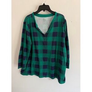 Plaid Kim Rogers Henley Top Women L Green Navy Blue Perfectly Soft Cotton Tee
